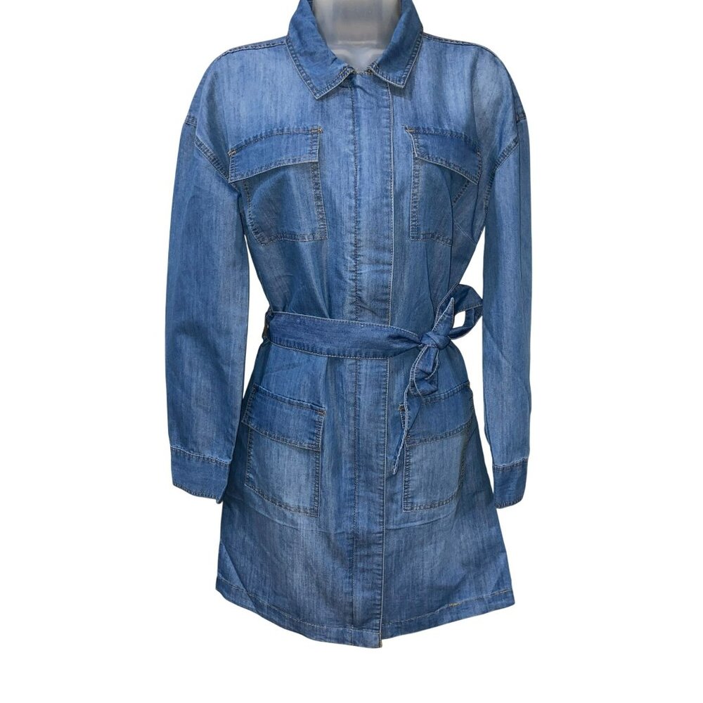 NWT Denim Long-Sleeve Belted Shirt Dress With Front Pockets By Kale Generation